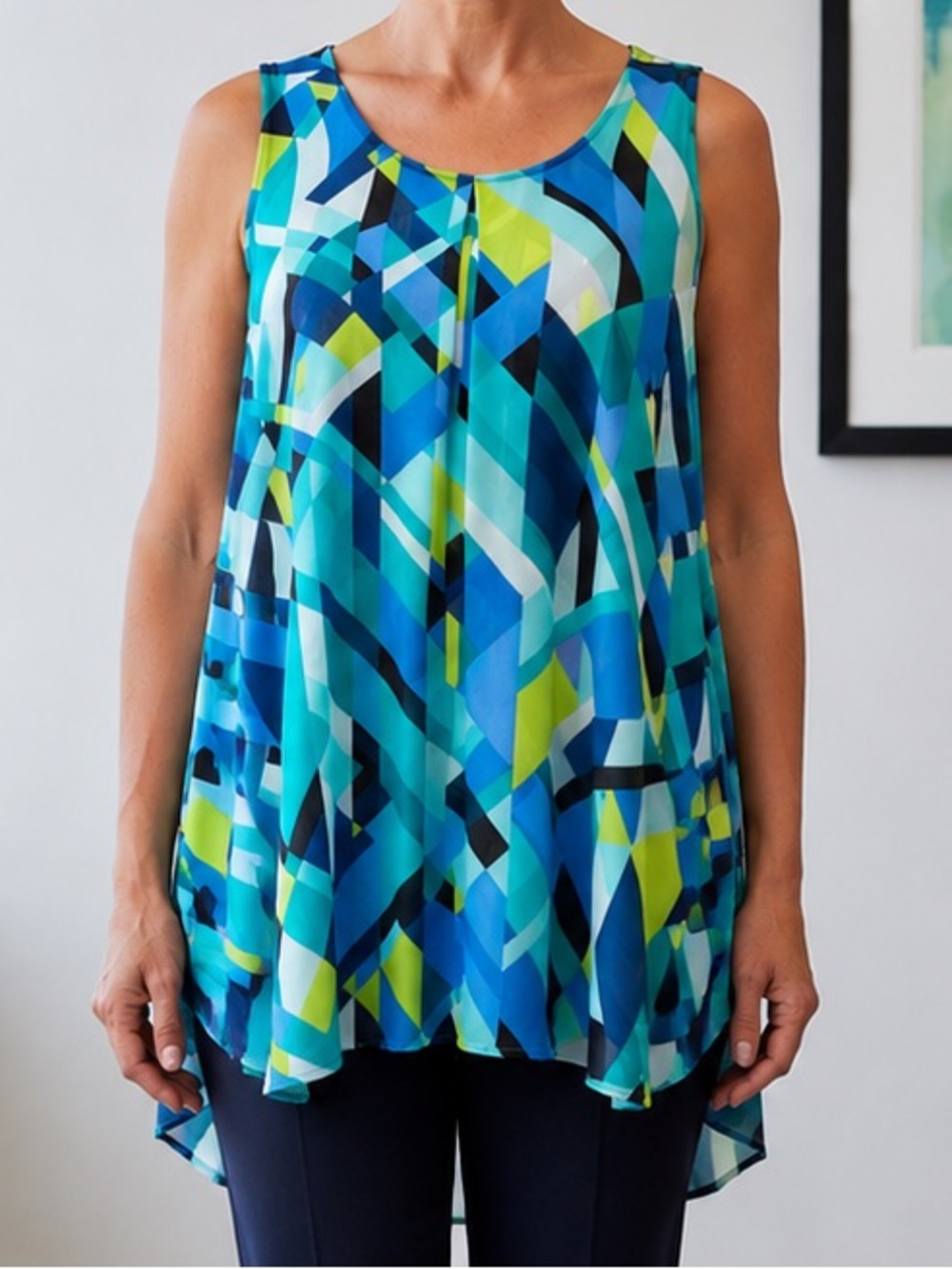 Zac & Rachel Blue Geometric Abstract Sleeveless Blouse Sheer Overlay Top L EUC